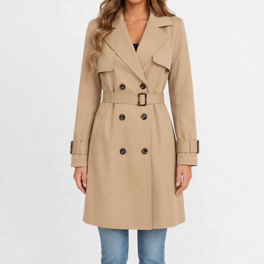 Women’s Trench Coat – Tailored Belted Waist Fitted Long Sleeve Jacket