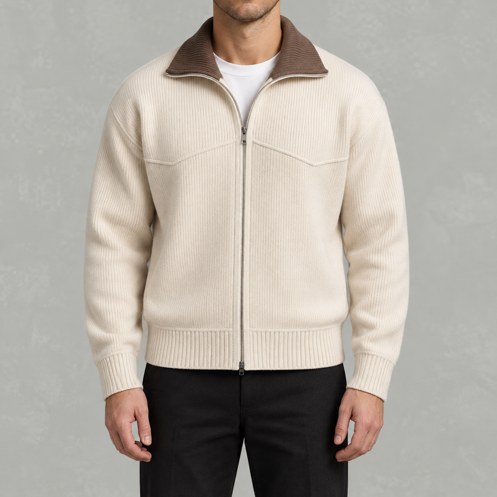 Men’s Knitted Cardigan – Full Zip Ribbed Jumper with Contrast Collar