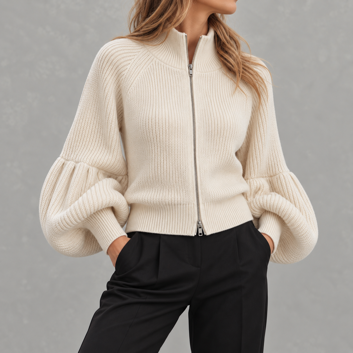 Women’s Textured Jumper – Fluffy Lantern Sleeve Long Sleeve Pullover