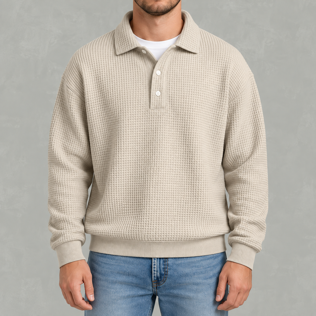 Men’s Long Sleeve Polo Shirt – Waffle Knit Retro Short Sleeve Textured Top
