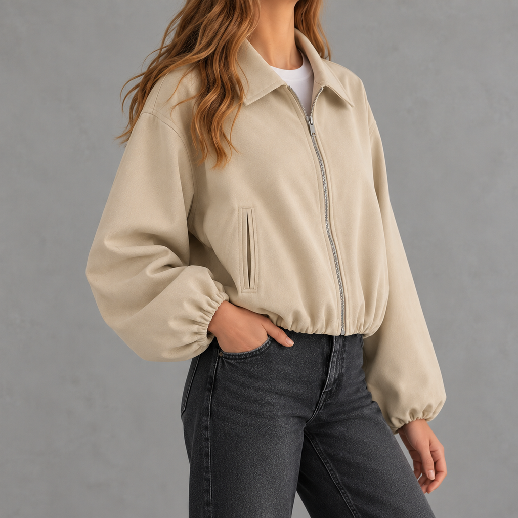 Women’s Bomber Jacket – Baseball Collar Zip Up Jacket with Ribbed Hem