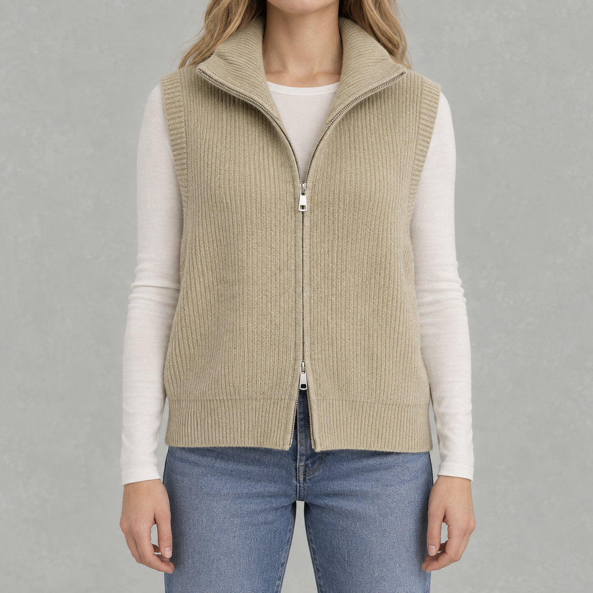 Women’s Knitted Vest – Loose Fit Full Zip Sleeveless Layering Gilet