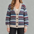Women’s Striped Cardigan – Loose Fit V Neck Colour Block Knit Pullover