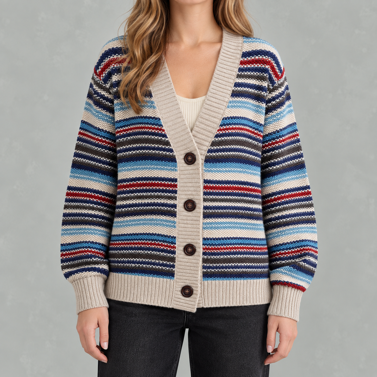 Women’s Striped Cardigan – Loose Fit V Neck Colour Block Knit Pullover