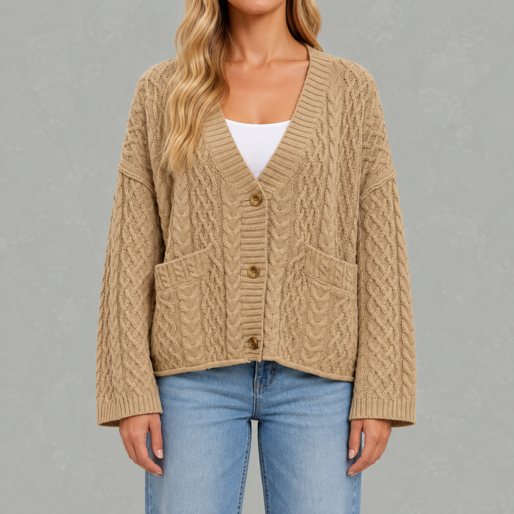 Women’s Cable Knit Cardigan – Loose Fit Chunky Button Front Jumper