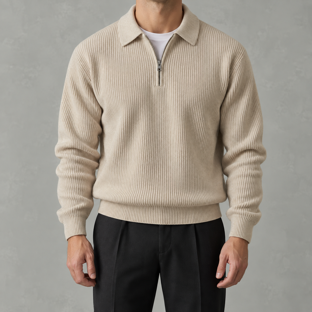 Men’s Knitted Polo Quarter Zip – Long Sleeve Zipped Polo Collar Autumn Jumper