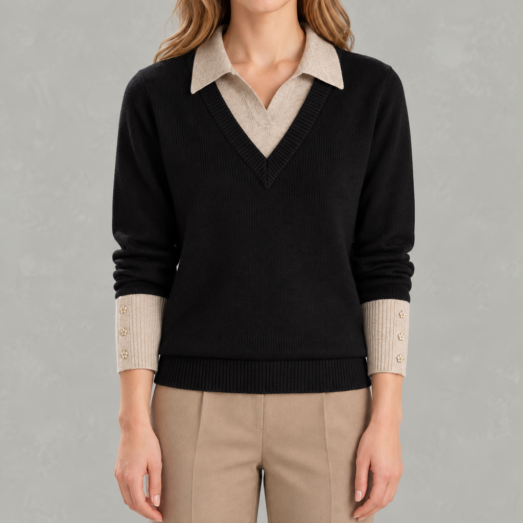 Women’s Shirt – Long Sleeve Knitted Jumper Polo Style Layering Top