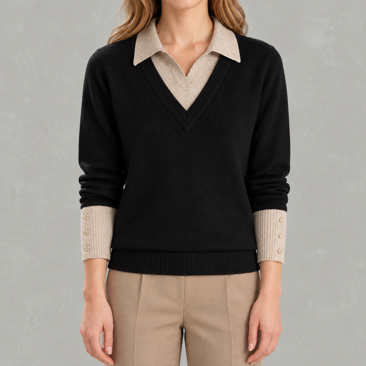 Women’s Shirt – Long Sleeve Knitted Jumper Polo Style Layering Top