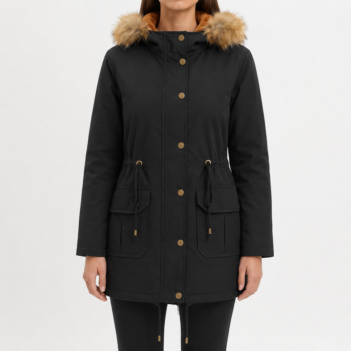 Women’s Padded Coat – Mid-Length Hooded Winter Coat with Faux Fur Trim and Defined Waist
