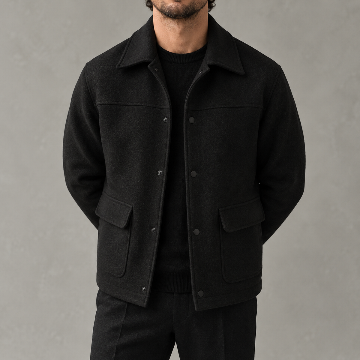 Men’s Wool-Style Jacket – Long Sleeve Lapel Collar Casual Jacket