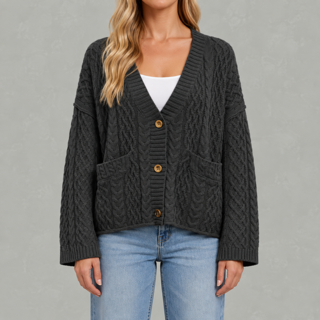 Women’s Cable Knit Cardigan – Loose Fit Chunky Button Front Jumper