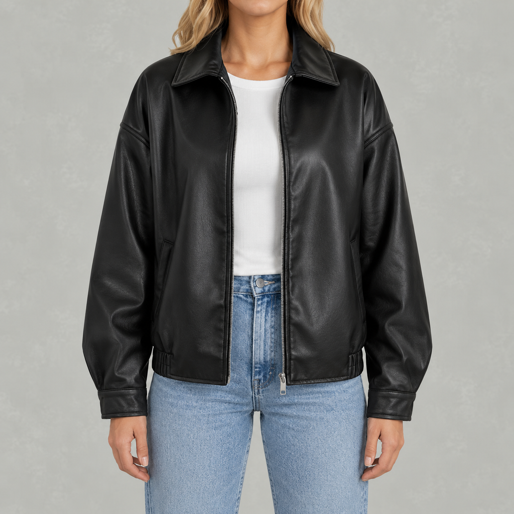 Women’s Leather Jacket – Retro Biker Lapel Jacket with Zip Fastening