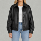 Women’s Leather Jacket – Retro Biker Lapel Jacket with Zip Fastening