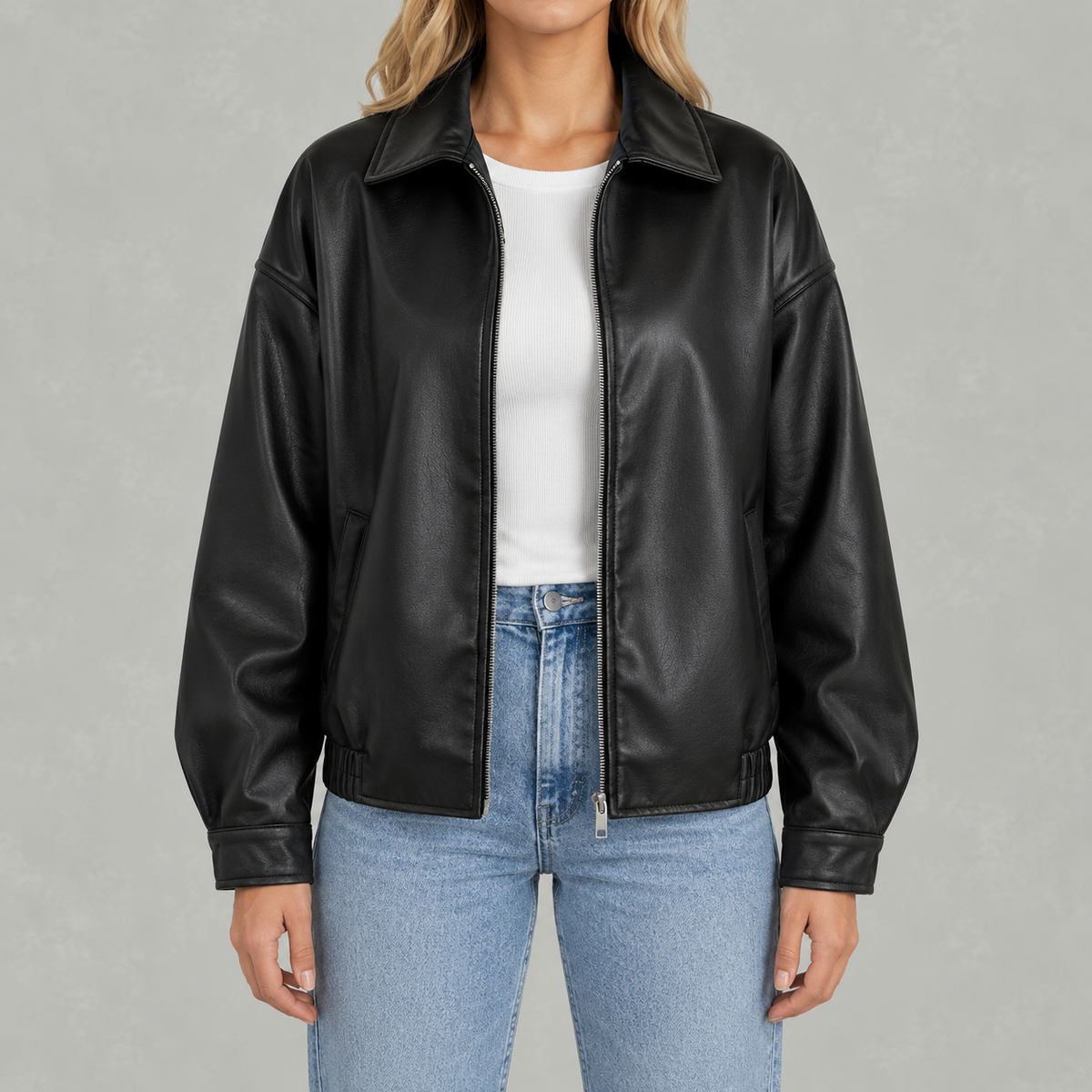 Women’s Leather Jacket – Retro Biker Lapel Jacket with Zip Fastening