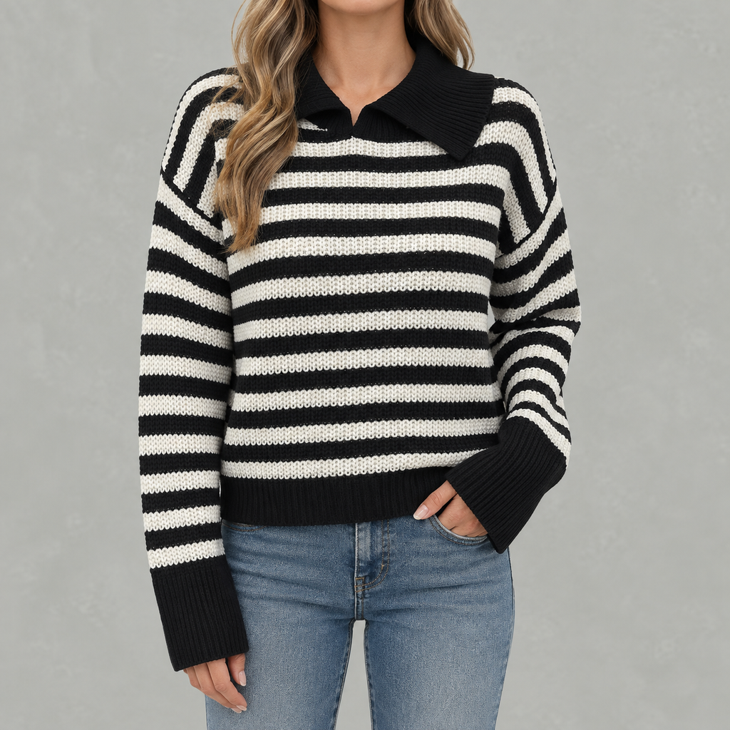 Women’s Striped Jumper – Loose Fit Knitted Polo Collar Long Sleeve Sweater