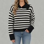 Women’s Striped Jumper – Loose Fit Knitted Polo Collar Long Sleeve Sweater