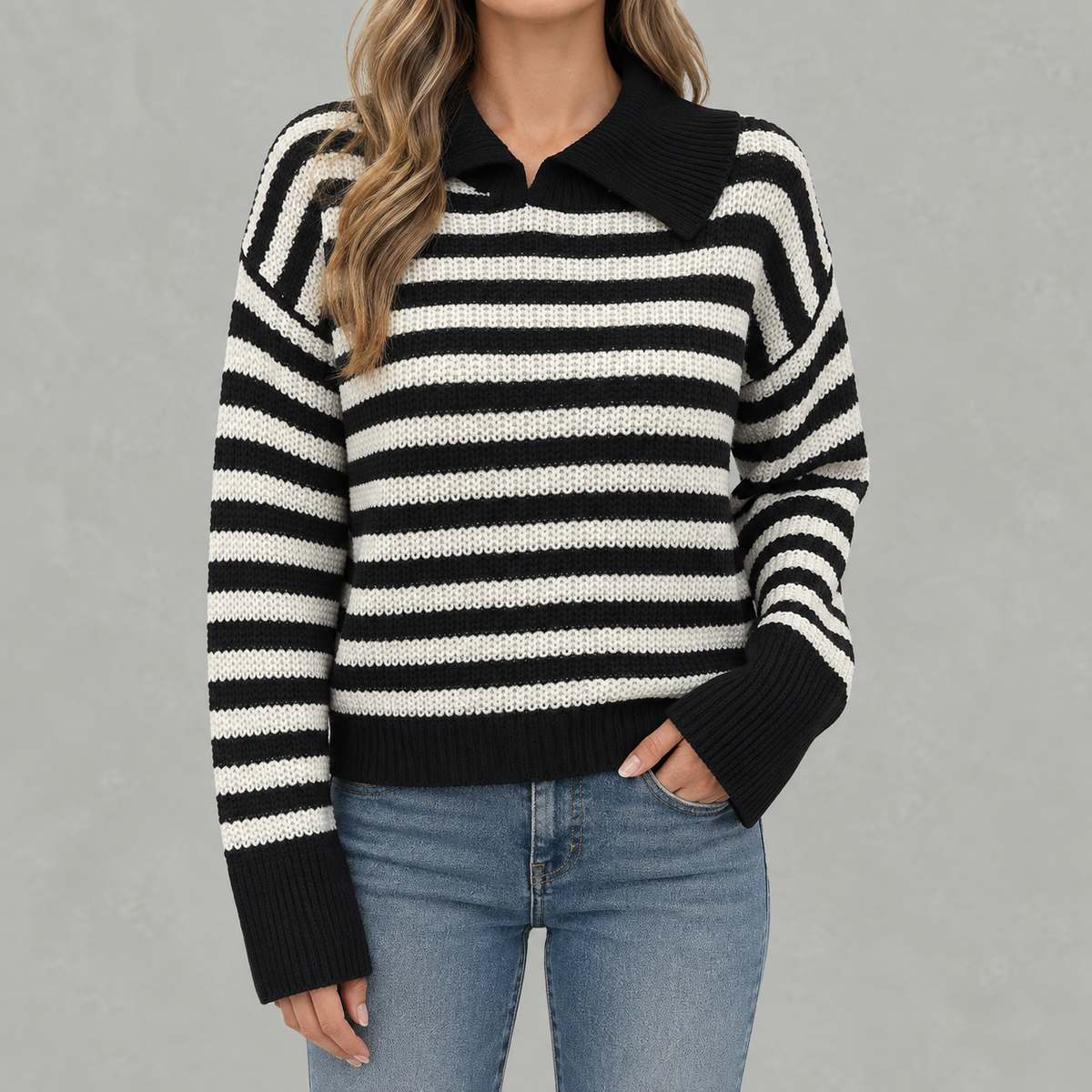 Women’s Striped Jumper – Loose Fit Knitted Polo Collar Long Sleeve Sweater