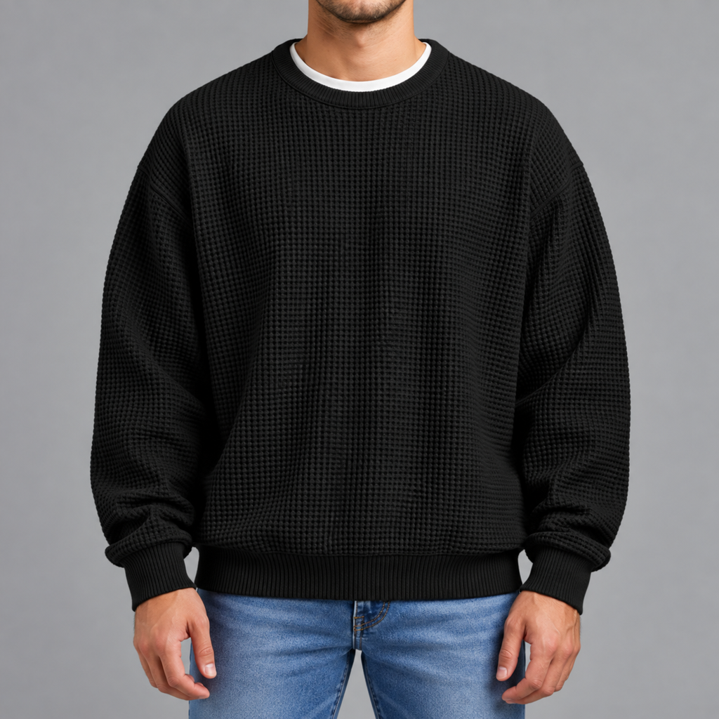 Men’s Waffle Knit Jumper – Relaxed Fit Textured Long Sleeve Pullover