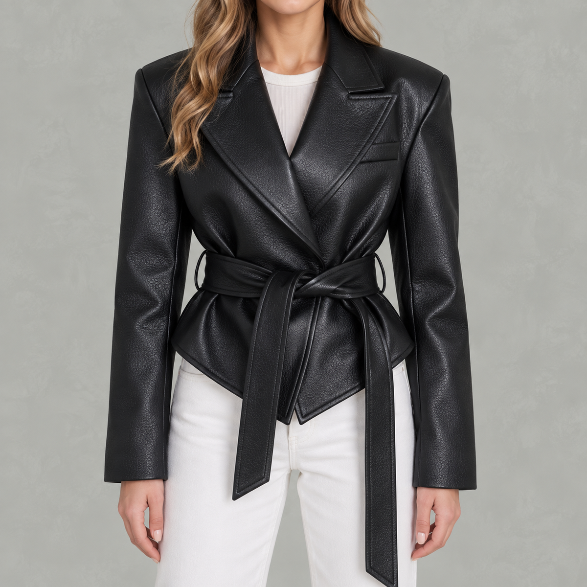 Women’s Leather Jacket – Belted Cropped Blazer with Wide Lapels