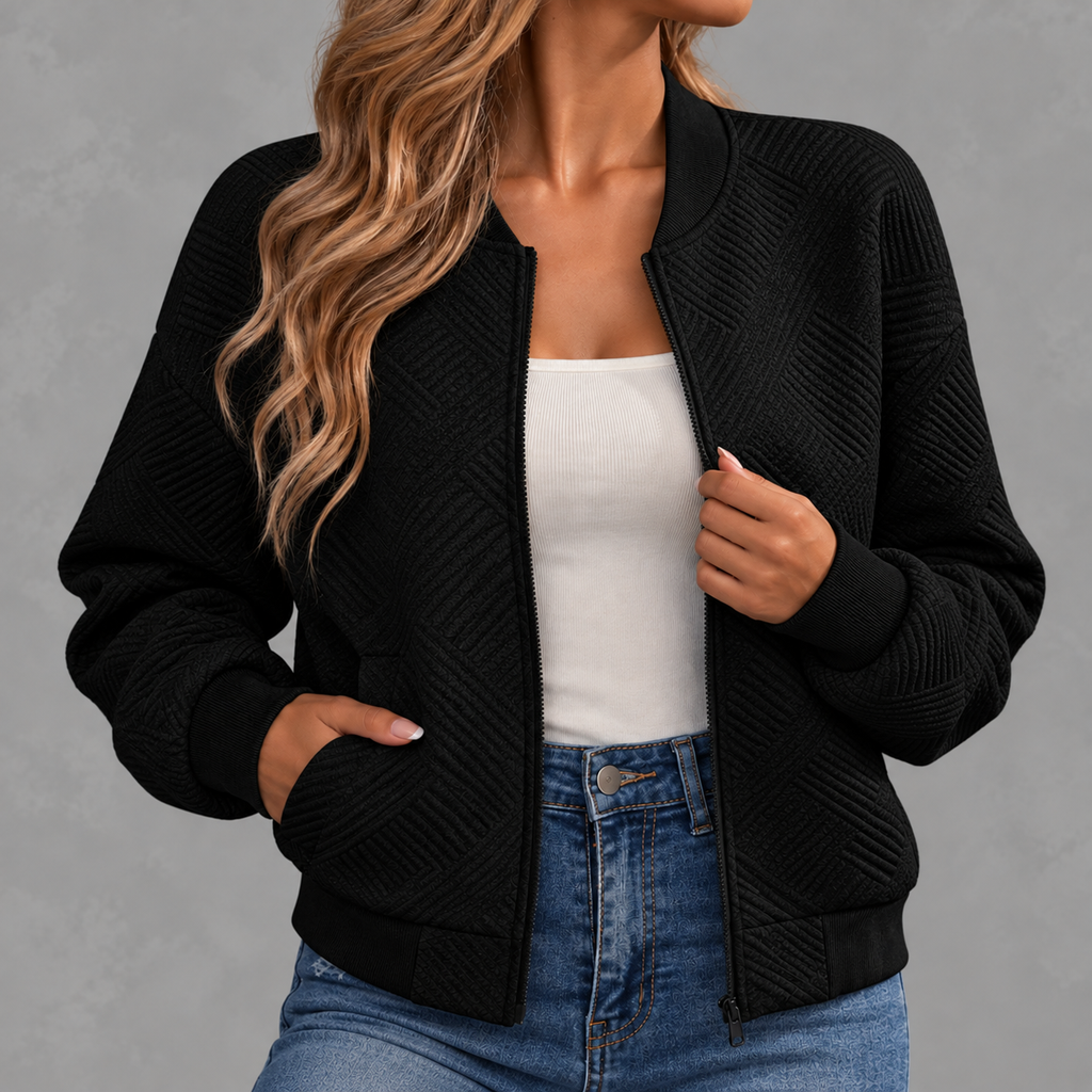 Women’s Baseball Jacket – Solid Colour Zip Up Jacket with Stand Collar