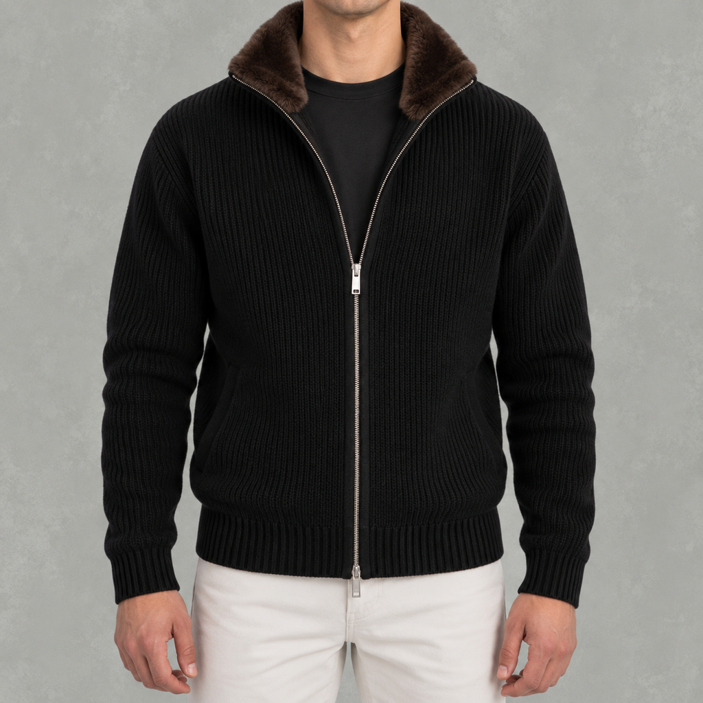 Men’s Knitted Cardigan – Full Zip Ribbed Jumper with Fur Collar