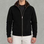 Men’s Knitted Cardigan – Full Zip Ribbed Jumper with Fur Collar