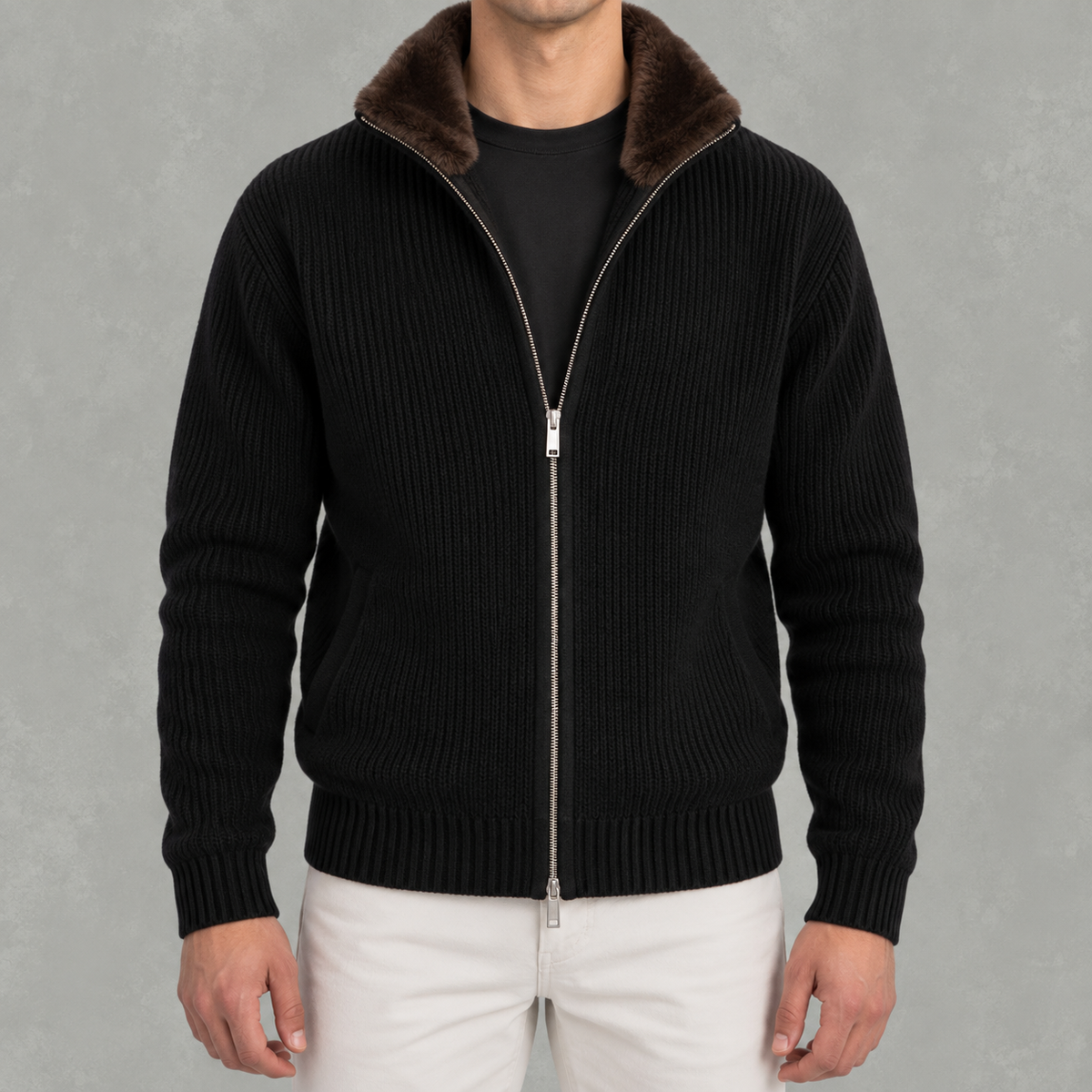 Men’s Knitted Cardigan – Full Zip Ribbed Jumper with Fur Collar