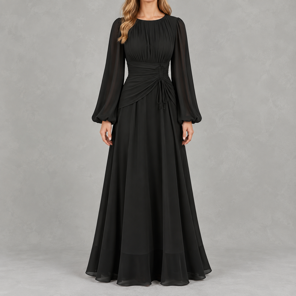 Women’s Waist-Cinching Dress – Long Sleeve Fitted Midi Dress
