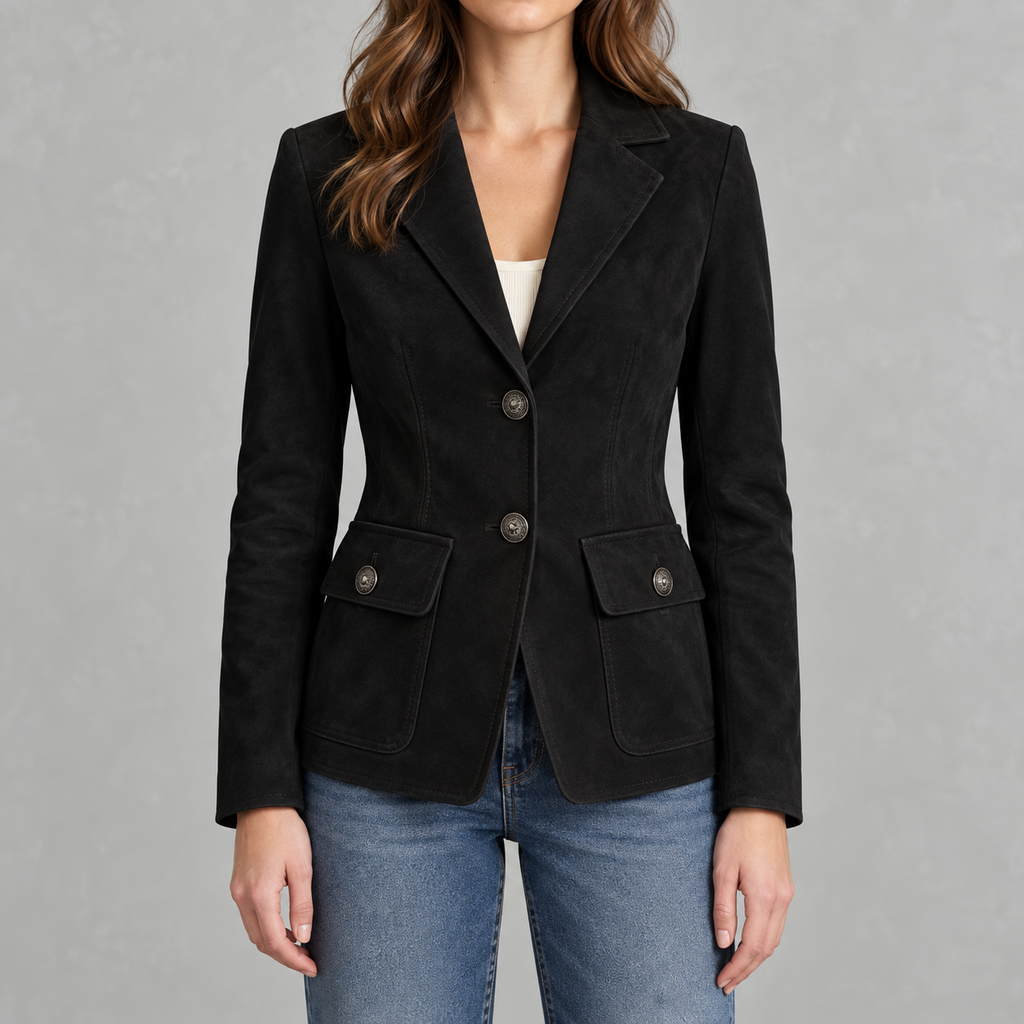 Women’s Suede Blazer – Lapel Collar Tailored Jacket with Soft Suede-Style Finish