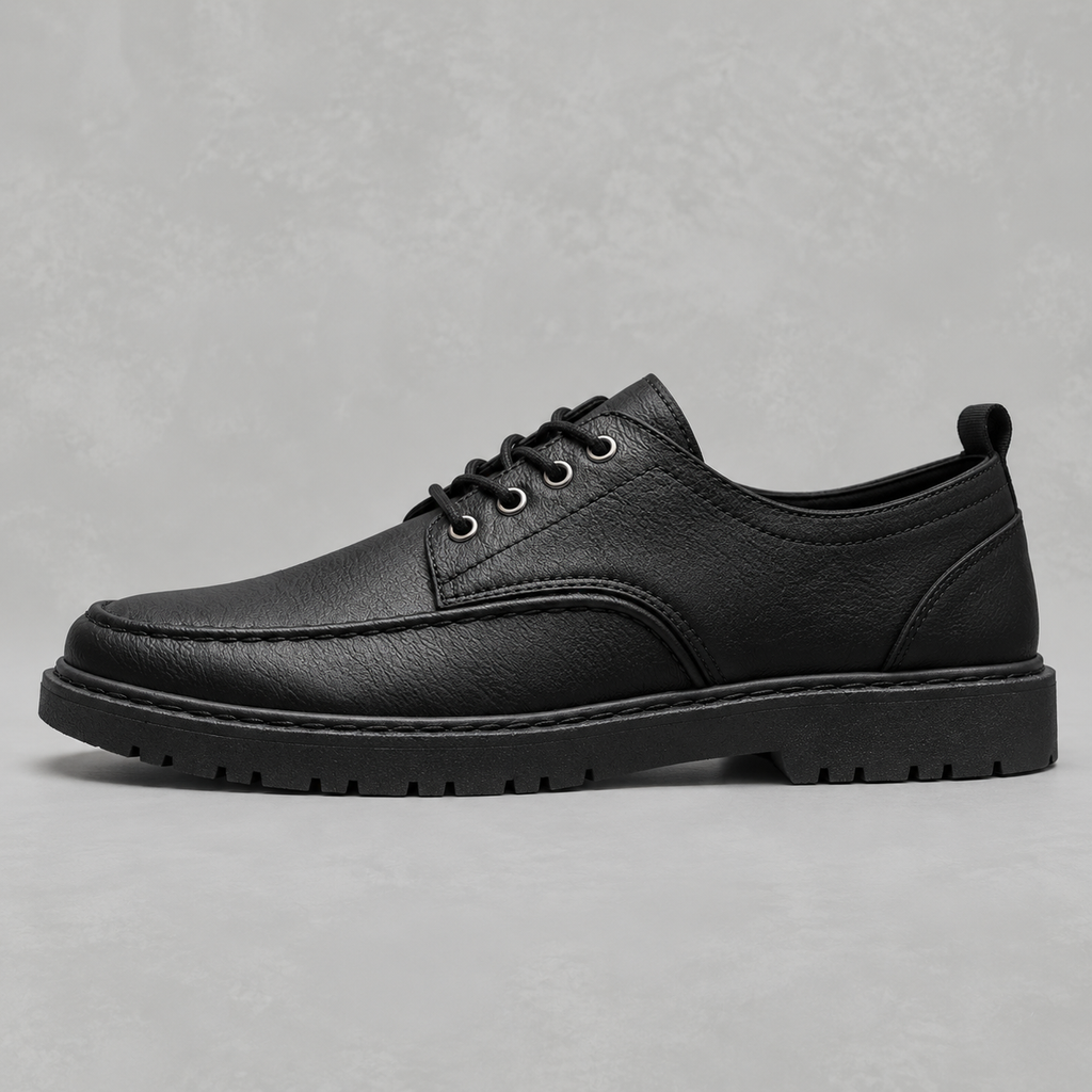 Men’s Leather Shoes – Black Lace-Up Casual Shoes with Round Toe
