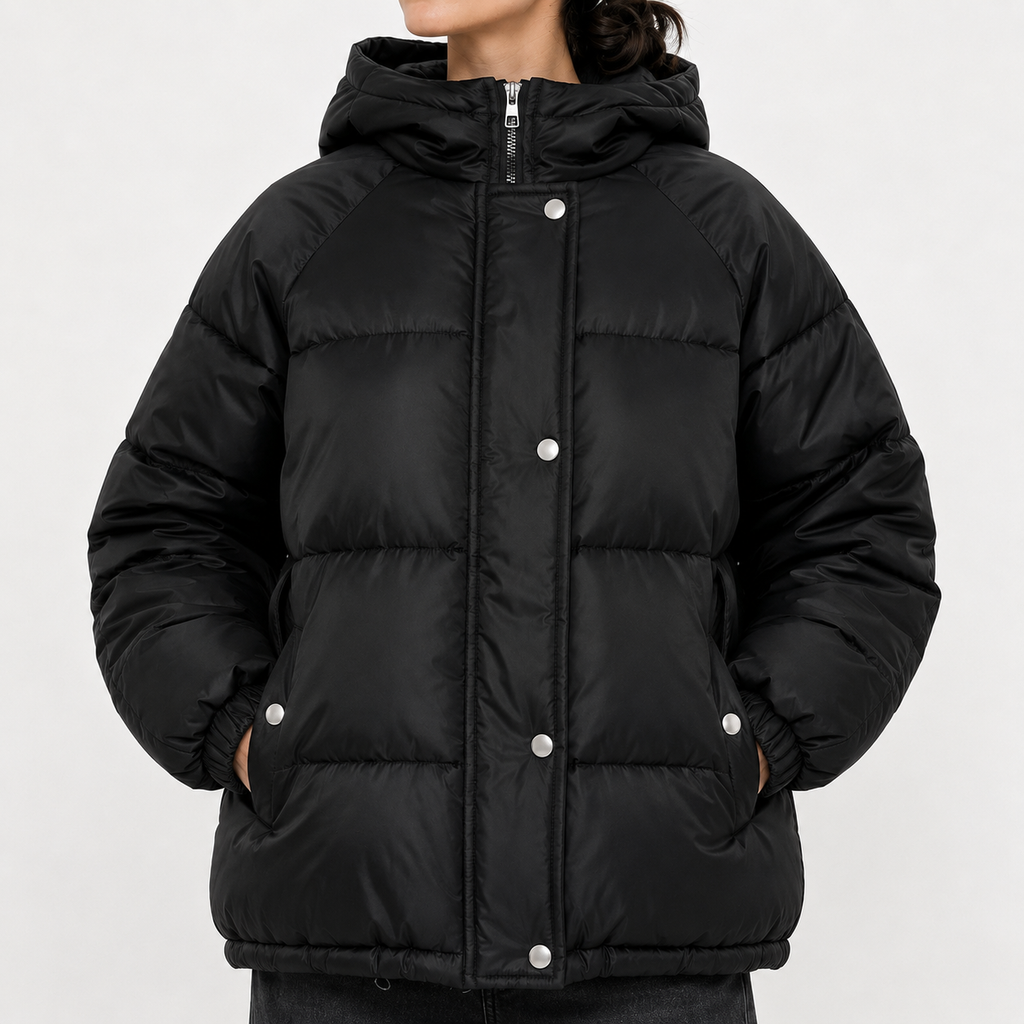 Women’s Puffer Jacket – Hooded Padded Winter Coat with Faux Two-Piece Layered Design