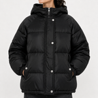 Women’s Puffer Jacket – Hooded Padded Winter Coat with Faux Two-Piece Layered Design
