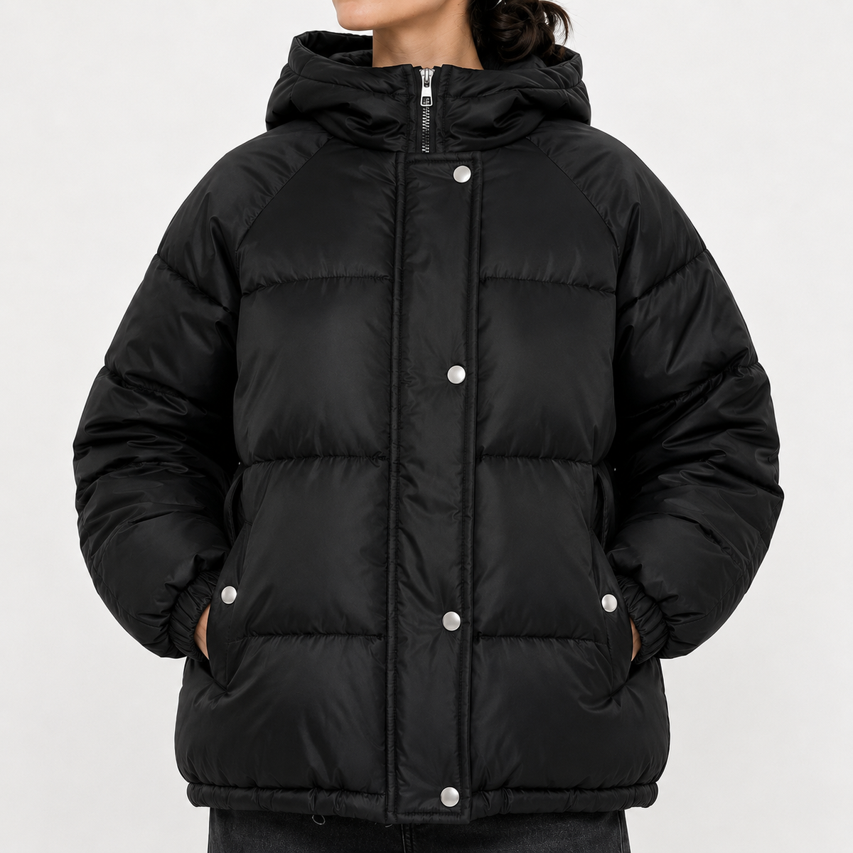Women’s Puffer Jacket – Hooded Padded Winter Coat with Faux Two-Piece Layered Design