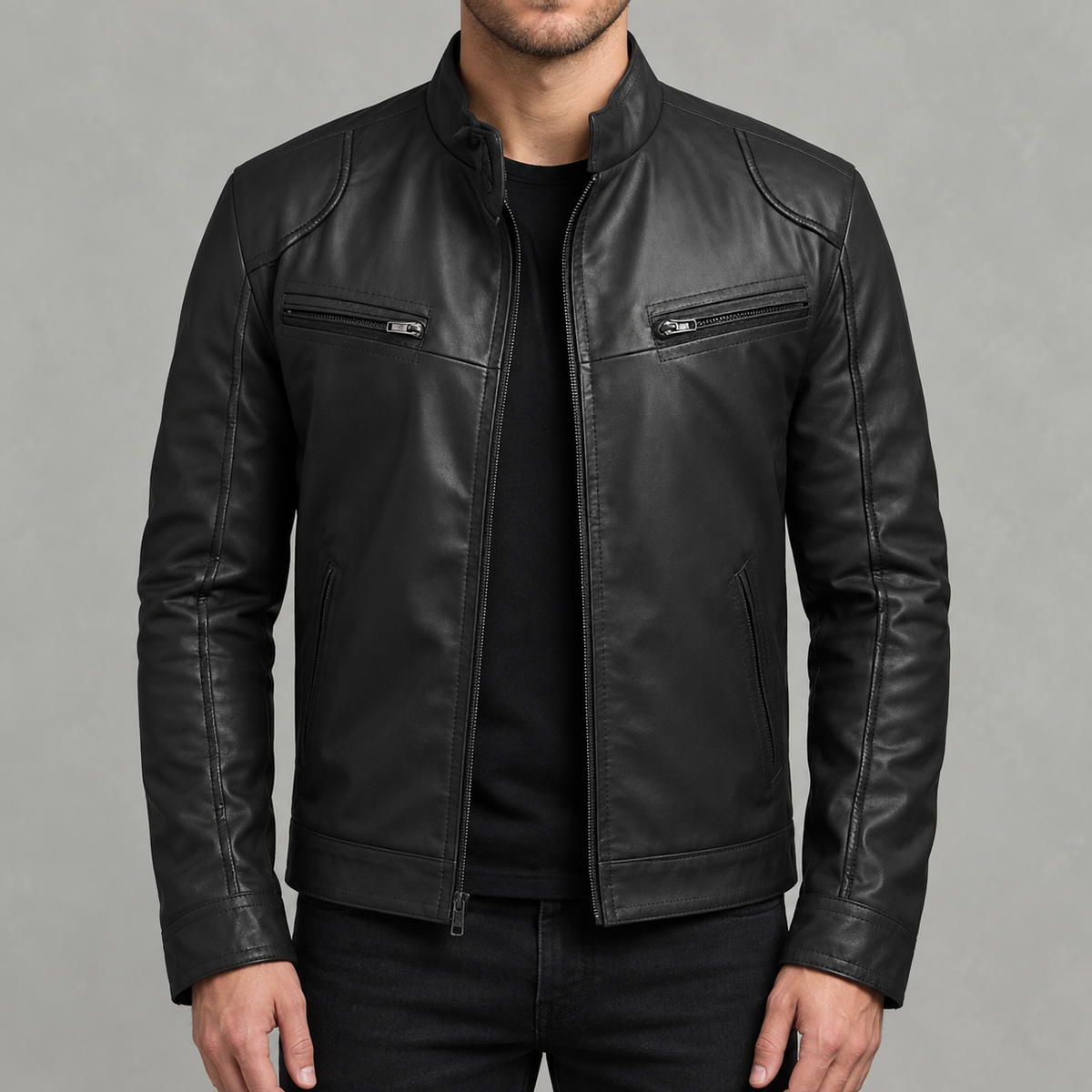 Men’s Leather Jacket – Stand Collar Motorcycle Biker Jacket