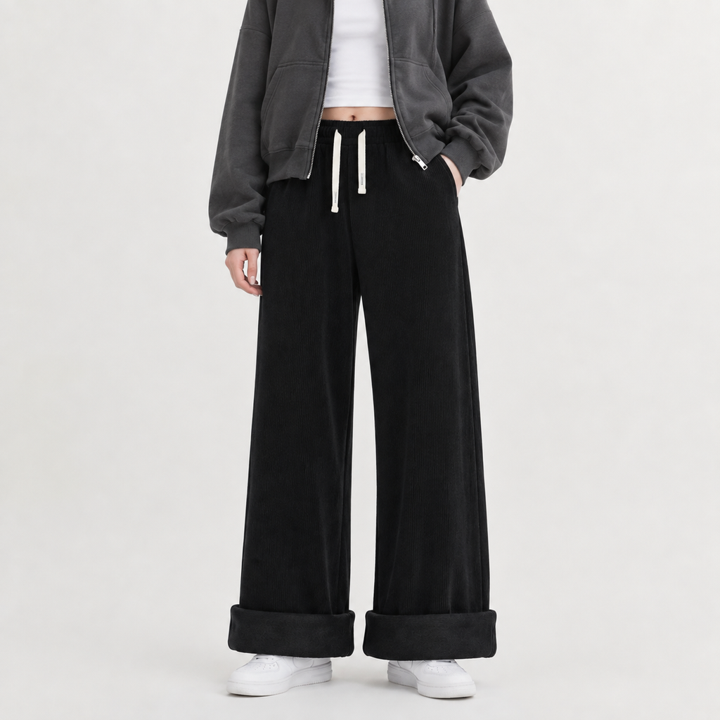 Women’s Corduroy Trousers – Fleece Lined Wide Leg Winter Trousers