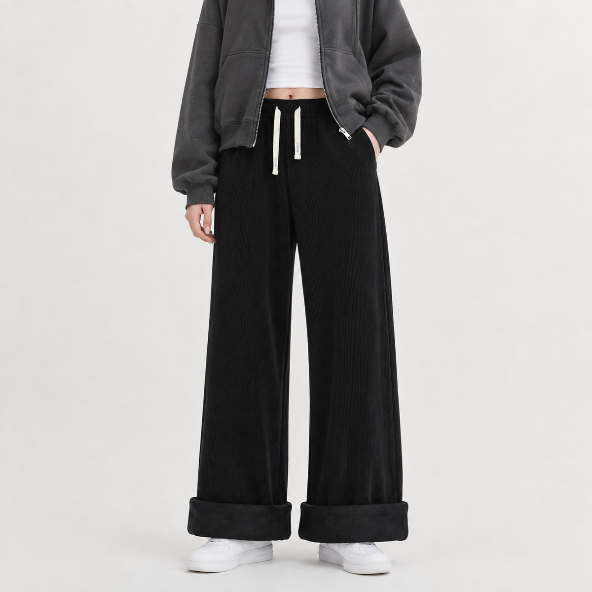Women’s Corduroy Trousers – Fleece Lined Wide Leg Winter Trousers