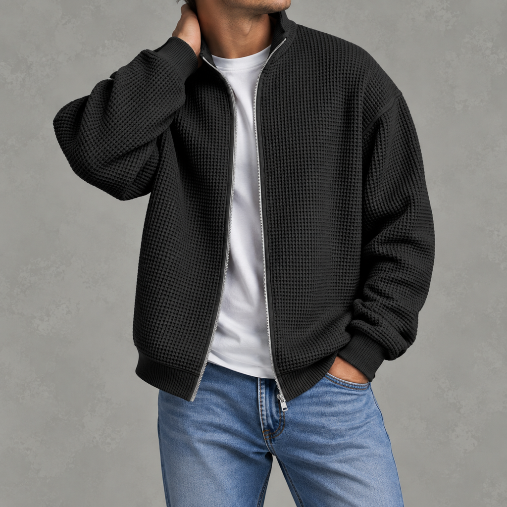 Men’s Waffle Knit Jacket – Stand Collar Full Zip Textured Casual Jacket