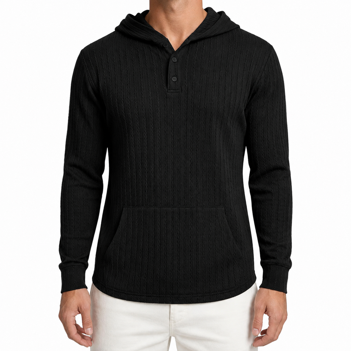 Men’s Textured Hoodie – Herringbone Jacquard Hooded Casual Jumper