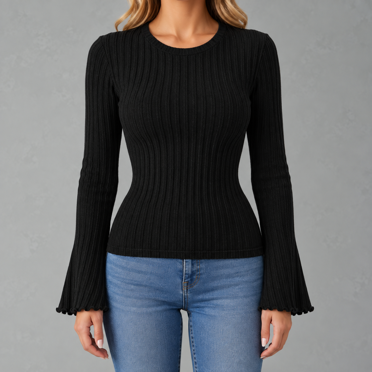 Women’s Ribbed Top – Brushed Crew Neck Long Sleeve Fitted Jumper