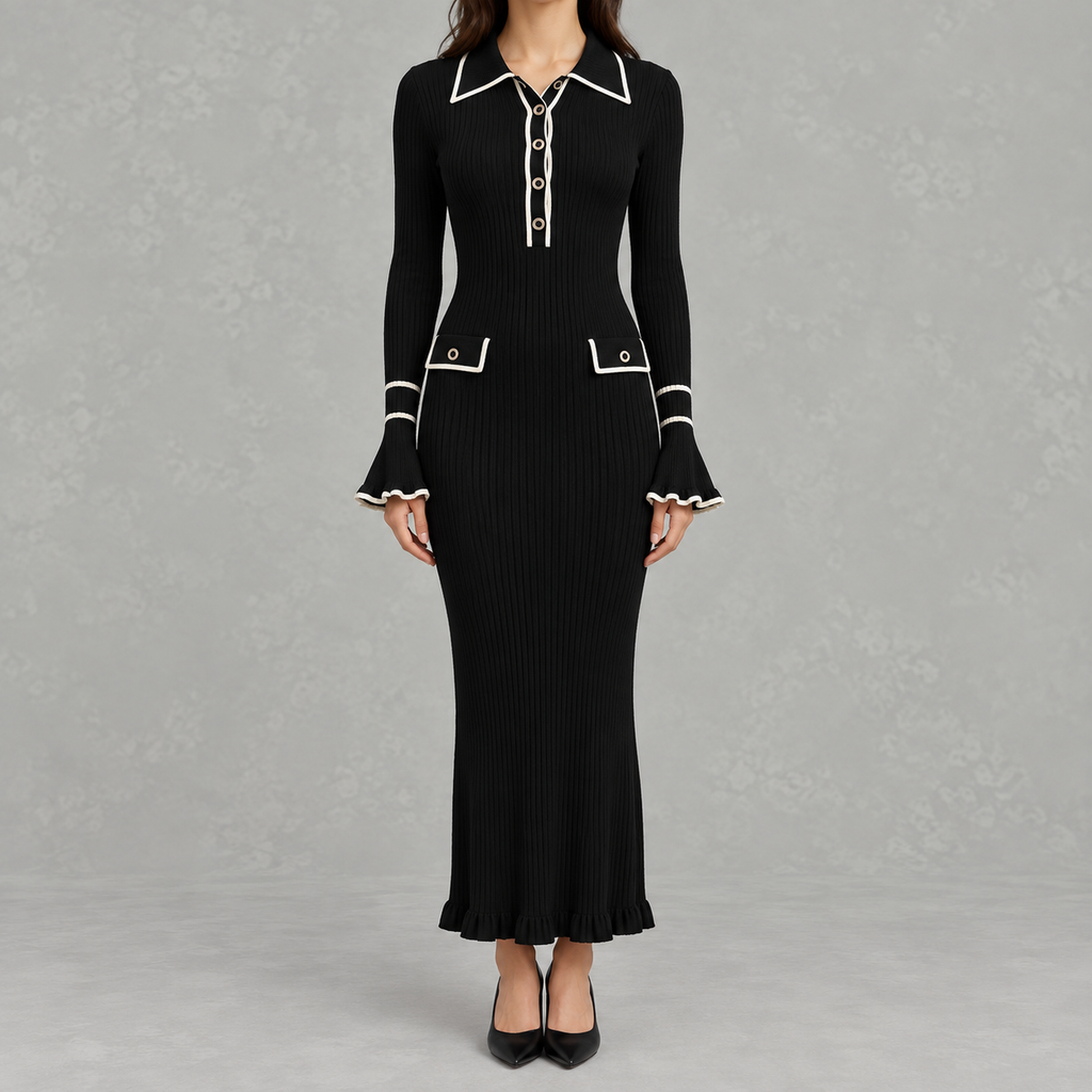 Women’s Knit Dress – French-Inspired Ruffled Midi Dress