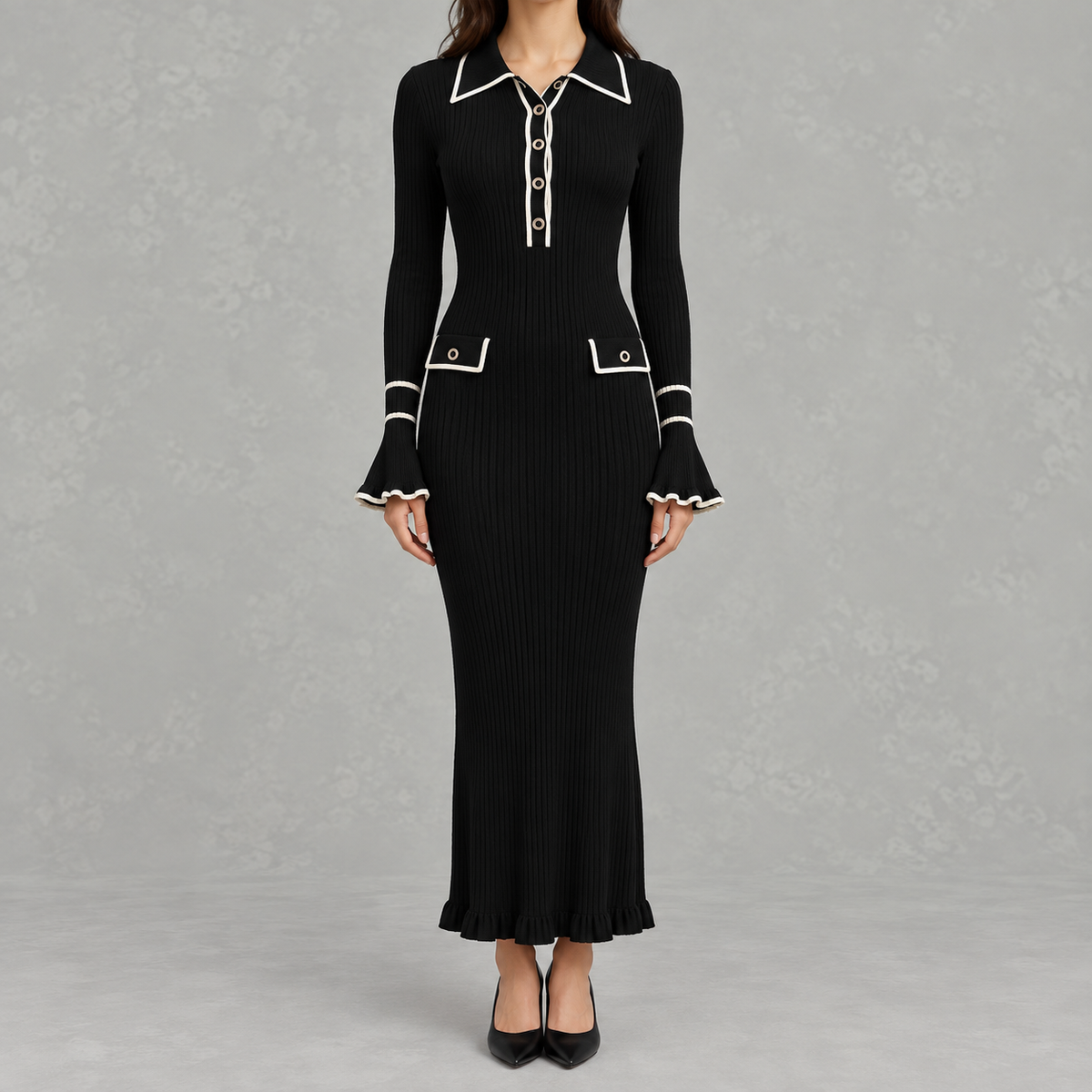 Women’s Knit Dress – French-Inspired Ruffled Midi Dress