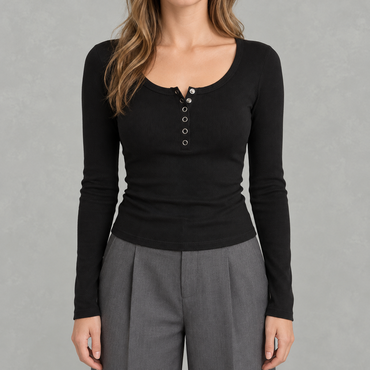 Women’s Ribbed Top – Long Sleeve Round Neck Henley Shirt with Button Placket