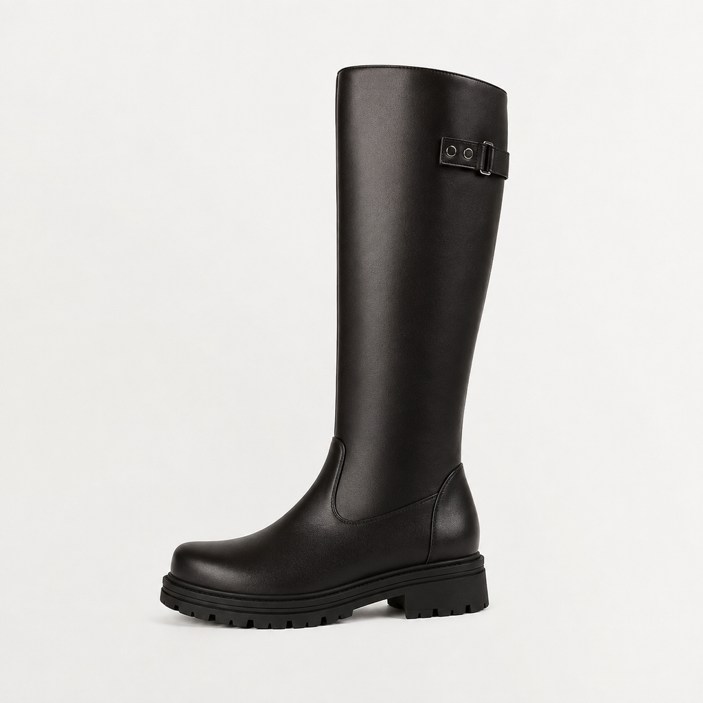 Women’s Wellington Boots – Retro British Leather-Style Riding Boots with Buckle