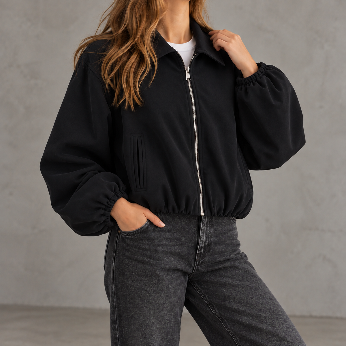 Women’s Bomber Jacket – Baseball Collar Zip Up Jacket with Ribbed Hem