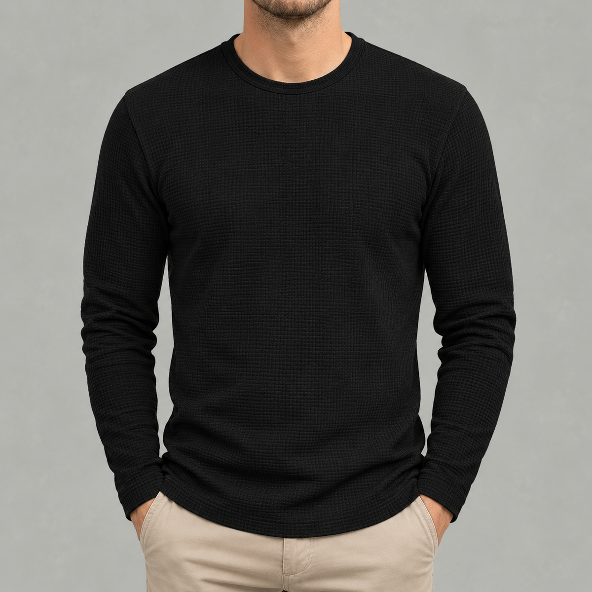 Men’s Waffle Knit Jumper – Round Neck Textured Long Sleeve Pullover