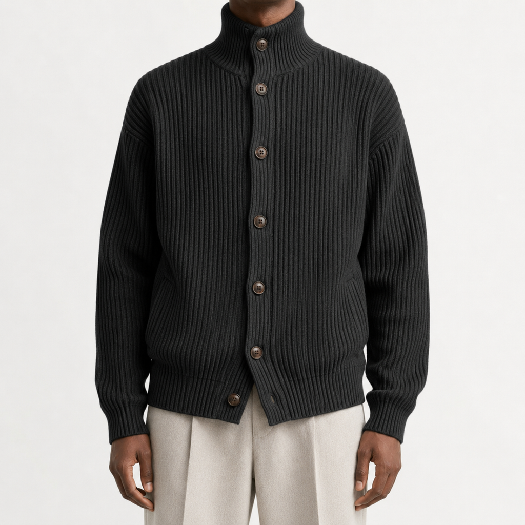 Men’s Roll Neck Cardigan – Knitted High Neck Button Front Jumper