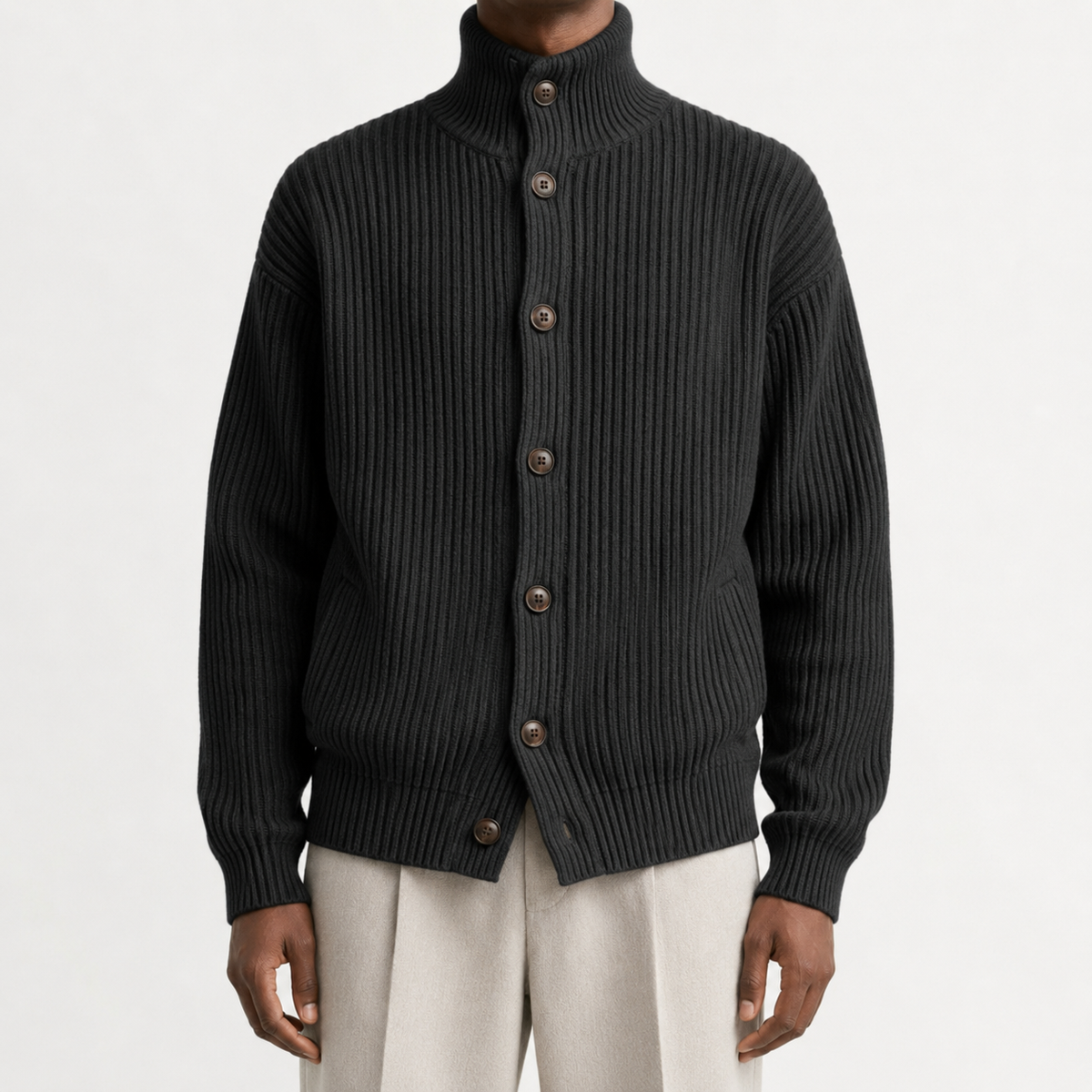 Men’s Roll Neck Cardigan – Knitted High Neck Button Front Jumper