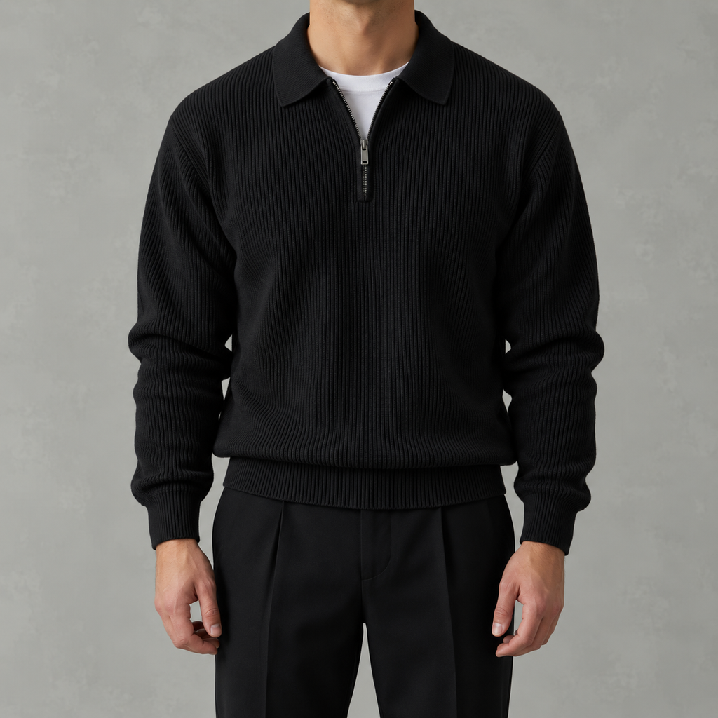 Men’s Knitted Polo Quarter Zip – Long Sleeve Zipped Polo Collar Autumn Jumper