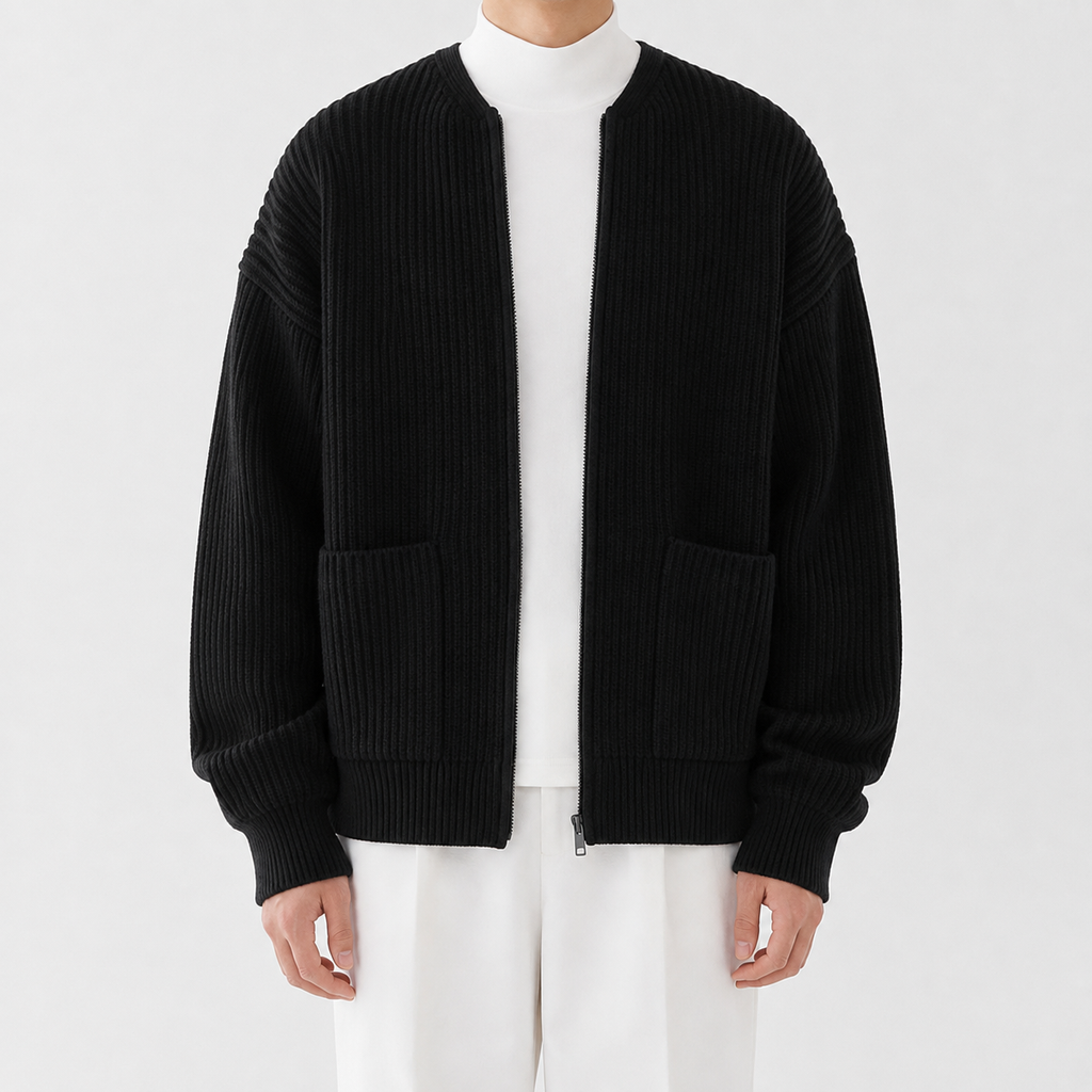 Men’s Knitted Cardigan – Funnel Neck Full Zip Jumper with Pockets