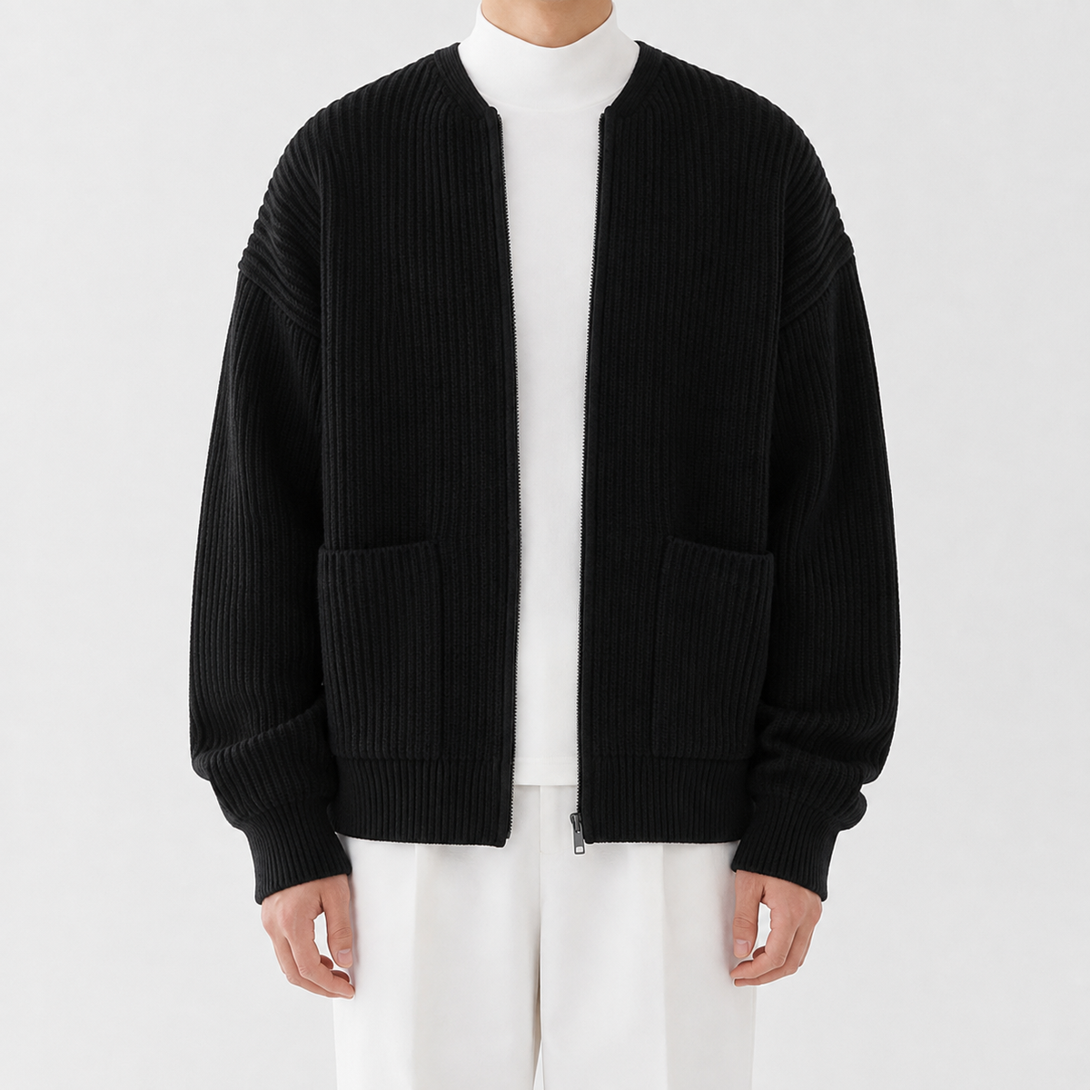 Men’s Knitted Cardigan – Funnel Neck Full Zip Jumper with Pockets